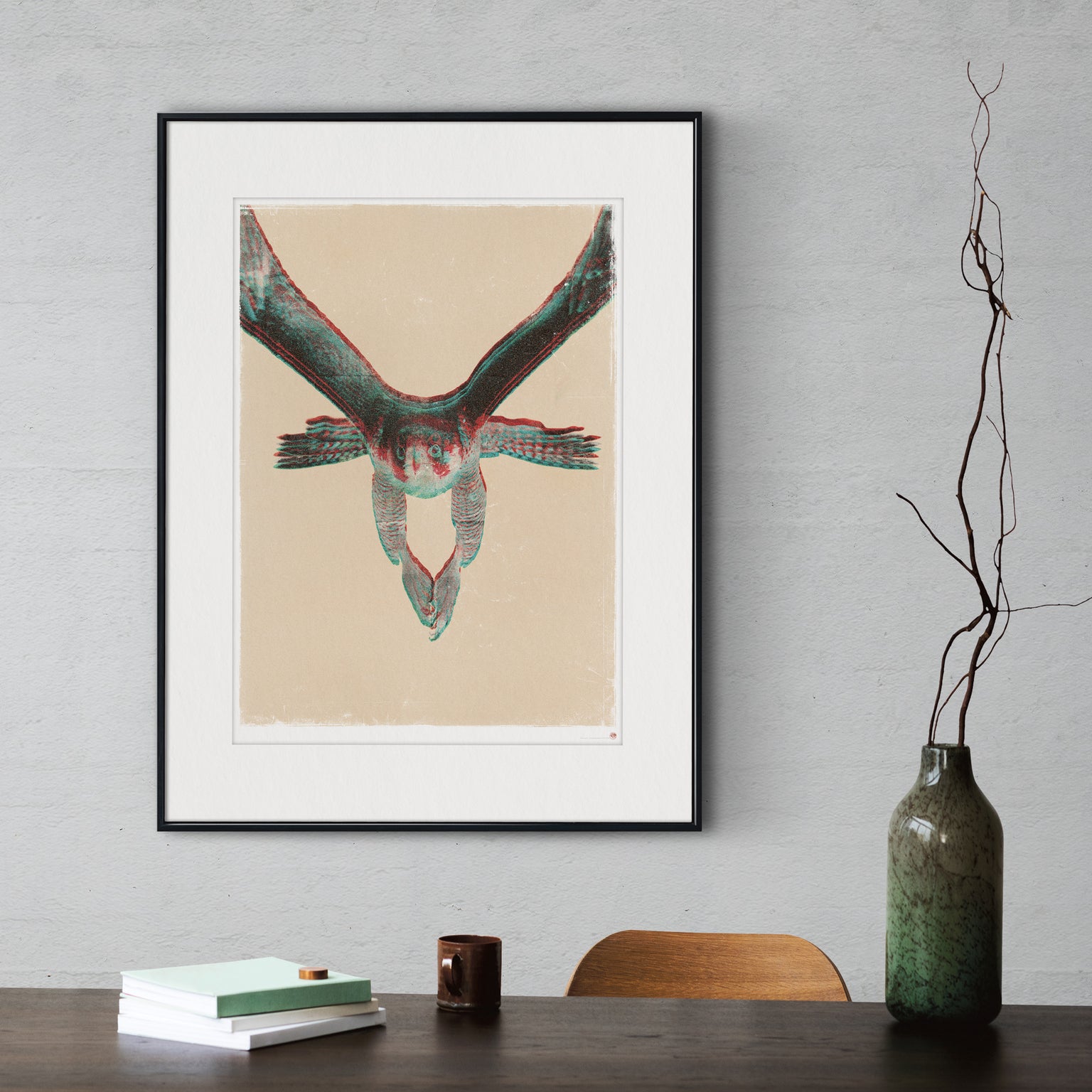 Focused peregrine falcon 3D anaglyph art print displayed in modern study with dark wood desk and ceramic vase, bird of prey wall art for home office decor and contemporary workspace interior design