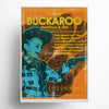 Buckaroo Steak retro 1970s steakhouse poster art print featuring cowboy with gun in vintage orange and blue color scheme, nostalgic Americana limited edition wall art for kitchen and dining room decor