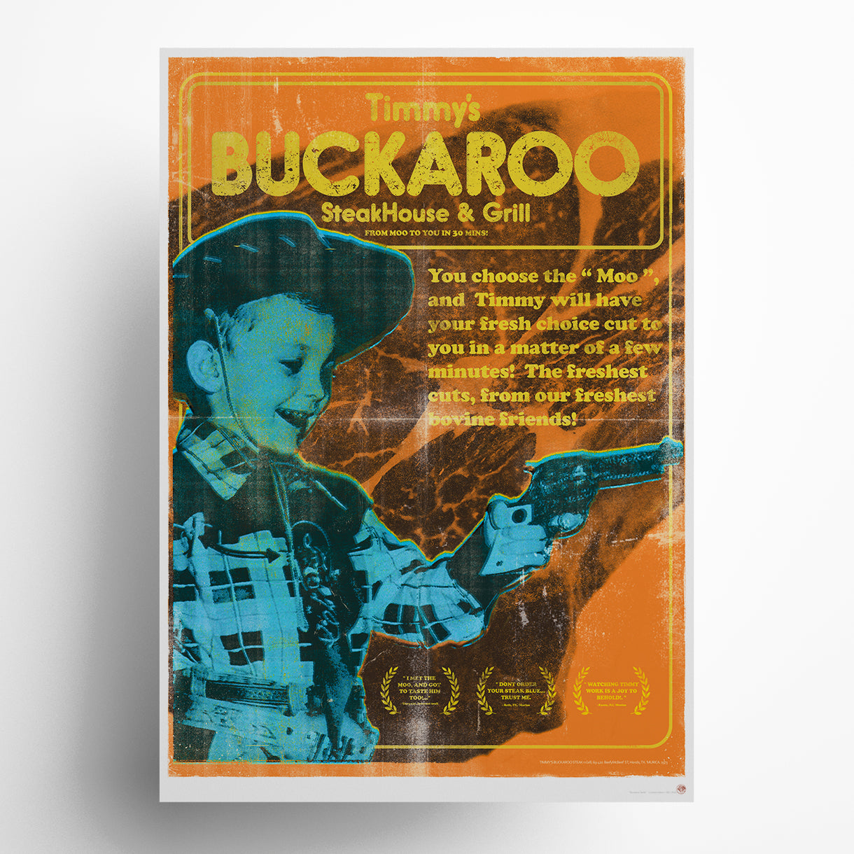 Buckaroo Steak retro 1970s steakhouse poster art print featuring cowboy with gun in vintage orange and blue color scheme, nostalgic Americana limited edition wall art for kitchen and dining room decor