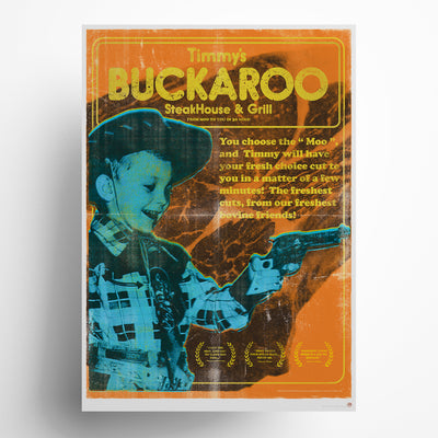 Buckaroo Steak retro 1970s steakhouse poster art print featuring cowboy with gun in vintage orange and blue color scheme, nostalgic Americana limited edition wall art for kitchen and dining room decor