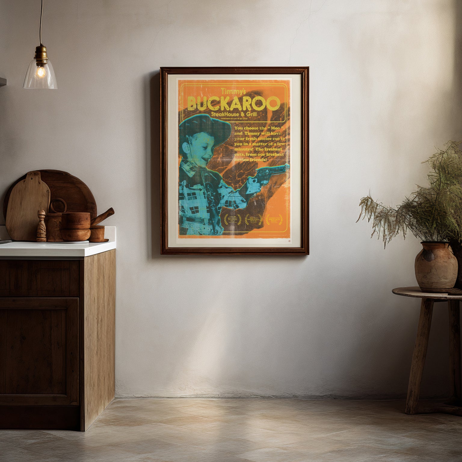 Buckaroo Steak retro steakhouse poster art displayed in modern kitchen area with counter and wood table, vintage Americana wall decor for contemporary restaurant style and mid-century home interior