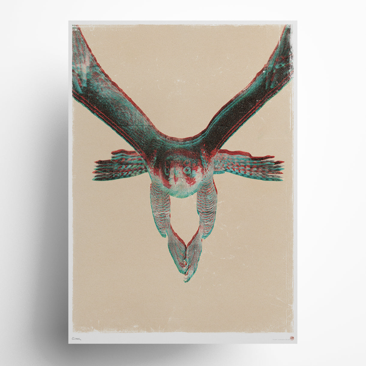 Focused peregrine falcon 3D anaglyph art print in red and blue vintage effect on cream background, bird of prey limited edition wall art with unique visual depth for modern home and office decor.