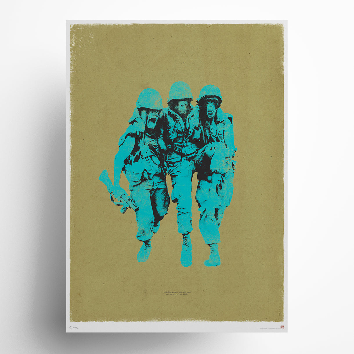 Evolutionary paradox contemporary military art print featuring three soldiers in turquoise on olive background, thought-provoking war commentary limited edition wall art exploring human nature and conflict.