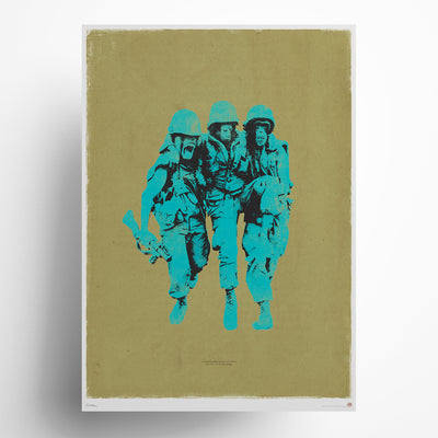 Evolutionary paradox contemporary military art print featuring three soldiers in turquoise on olive background, thought-provoking war commentary limited edition wall art exploring human nature and conflict.