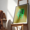 Of Ape And Man Evolutionary paradox military art print displayed in boho living space with macrame wall hanging and leather chair, contemporary war commentary artwork for eclectic home decor and modern bohemian interior design