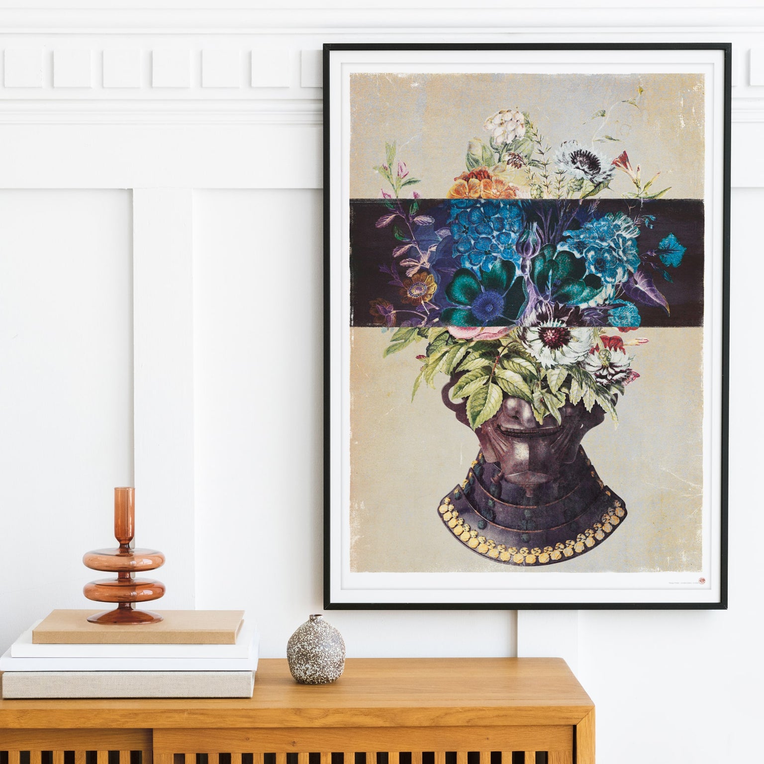 Shogun Pretty ceremonial mask floral art print displayed above wood console in classic white paneled room, cultural heritage botanical wall art for traditional home decor and timeless interior design styling