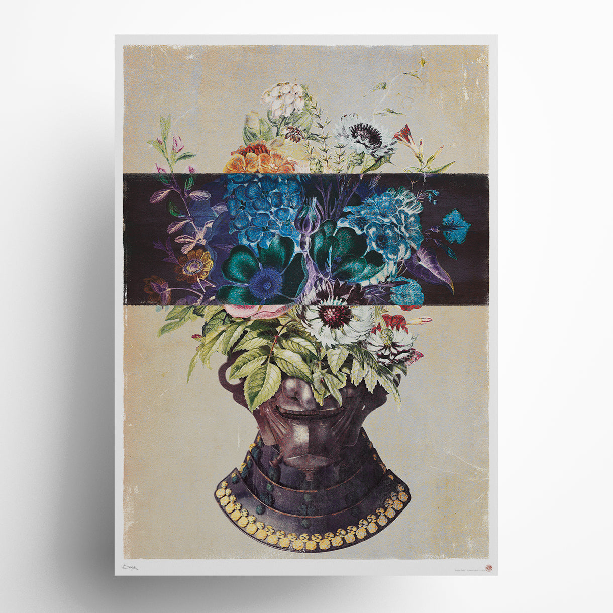 Shogun Pretty ceremonial mask floral art print featuring ornate vessel with blooming flowers on cream background, cultural heritage limited edition wall art celebrating traditional artisan craftsmanship and natural beauty.