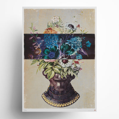 Shogun Pretty ceremonial mask floral art print featuring ornate vessel with blooming flowers on cream background, cultural heritage limited edition wall art celebrating traditional artisan craftsmanship and natural beauty.