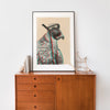 Unfocused falcon 3D anaglyph art print displayed on vintage teak credenza in mid-century modern bedroom, falconry bird wall art for retro home decor and Scandinavian interior design with natural elements