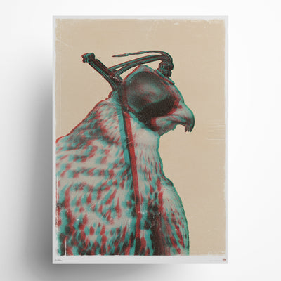 Unfocused falcon 3D anaglyph art print in red and blue retro effect on cream background, falconry bird of prey limited edition wall art with vintage 3D visual depth for collectors and home decor.