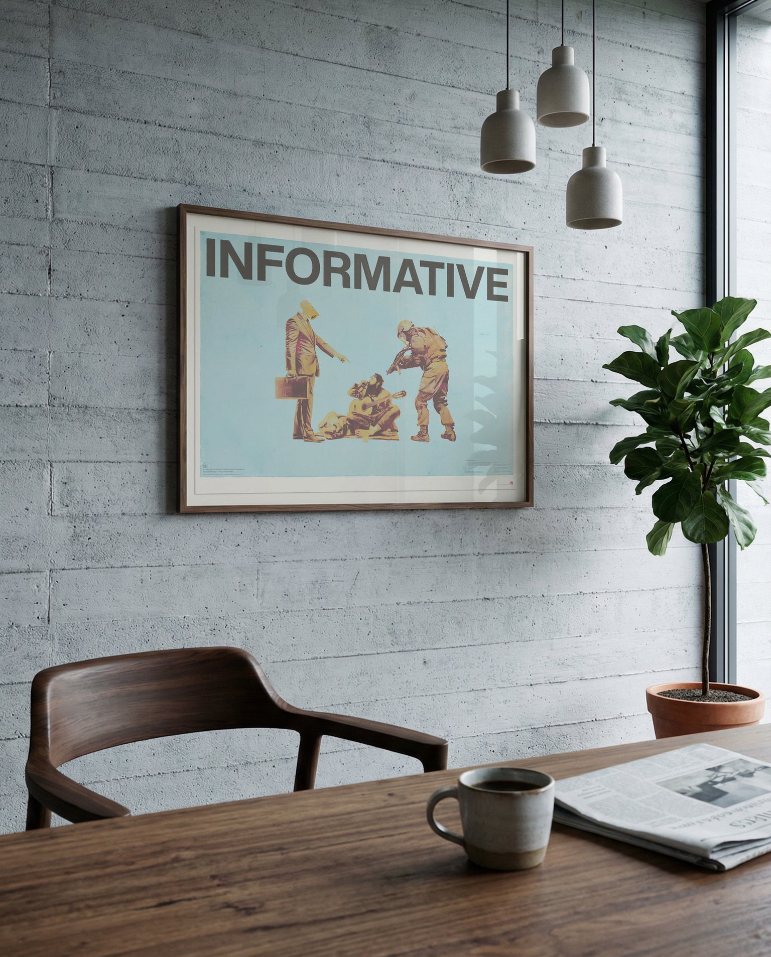 INFORMATIVE contemporary social commentary art print displayed in modern luxury dining room, turquoise vintage figures artwork for sophisticated urban interior design and high-end home decor