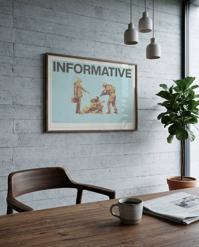 INFORMATIVE contemporary social commentary art print displayed in modern luxury dining room, turquoise vintage figures artwork for sophisticated urban interior design and high-end home decor