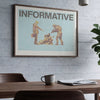 INFORMATIVE contemporary social commentary art print displayed in modern luxury dining room, turquoise vintage figures artwork for sophisticated urban interior design and high-end home decor