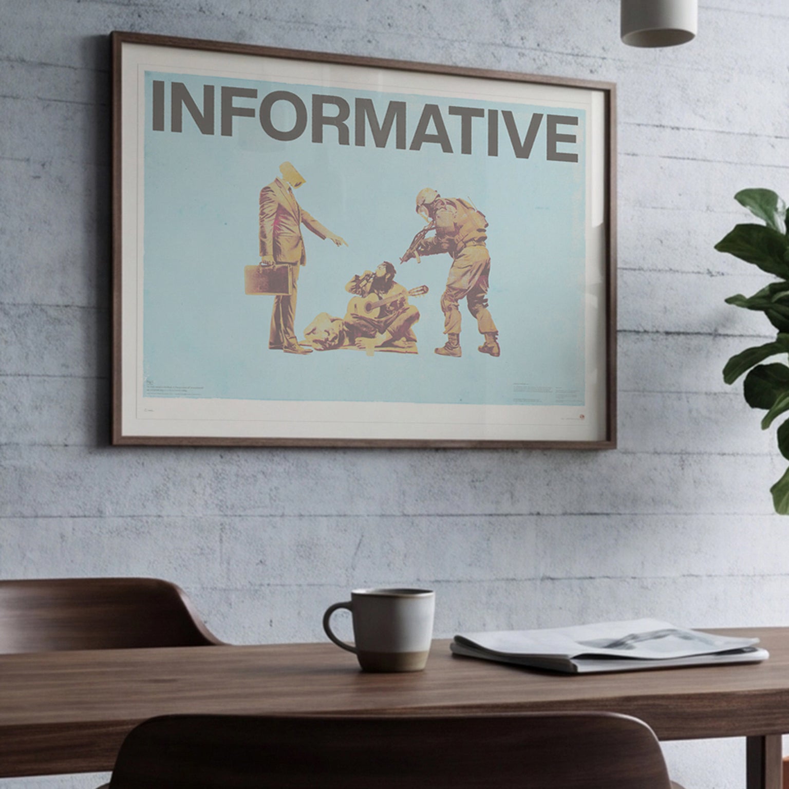 INFORMATIVE contemporary social commentary art print displayed in modern luxury dining room, turquoise vintage figures artwork for sophisticated urban interior design and high-end home decor