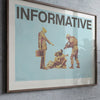 INFORMATIVE, close up contemporary social commentary art print displayed in modern luxury dining room, turquoise vintage figures artwork for sophisticated urban interior design and high-end home decor