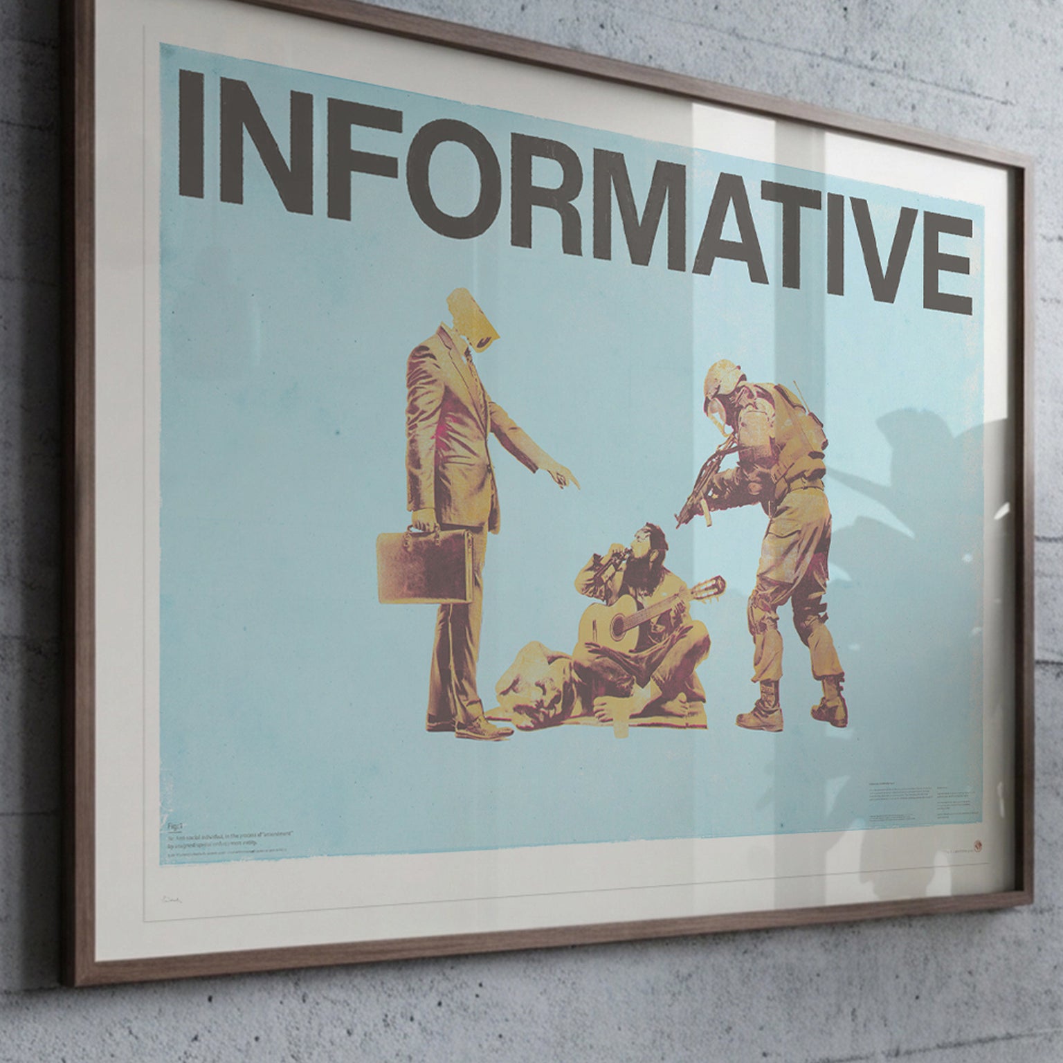 INFORMATIVE, close up contemporary social commentary art print displayed in modern luxury dining room, turquoise vintage figures artwork for sophisticated urban interior design and high-end home decor