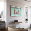 INFORMATIVE contemporary social commentary art print displayed in modern luxury living room with city views, turquoise vintage figures artwork for sophisticated urban interior design and high-end home decor
