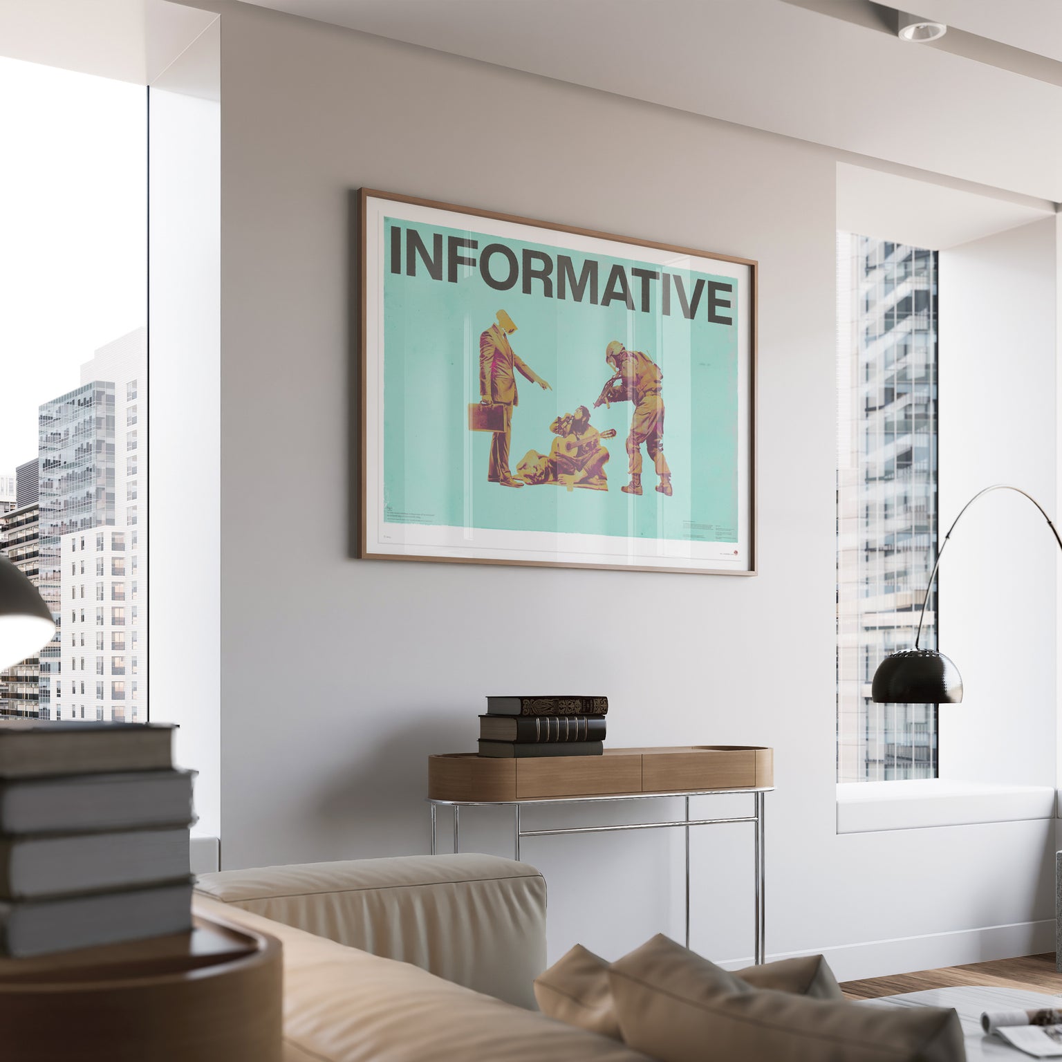 INFORMATIVE contemporary social commentary art print displayed in modern luxury living room with city views, turquoise vintage figures artwork for sophisticated urban interior design and high-end home decor