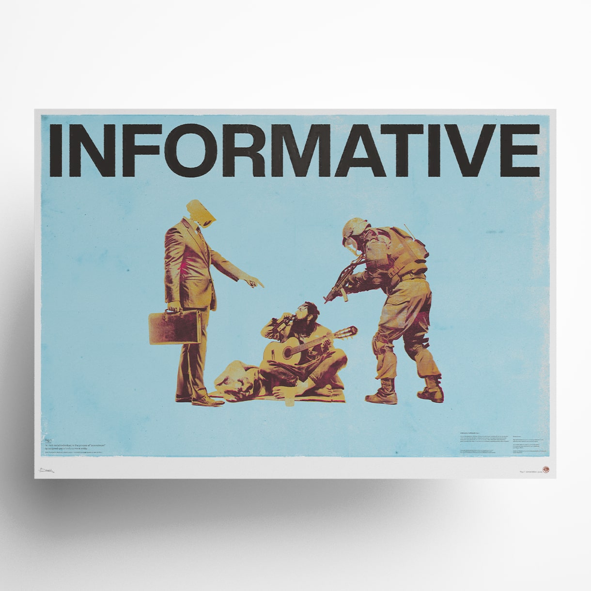 INFORMATIVE limited edition art print featuring three figures in vintage sepia tones against turquoise background, contemporary social commentary wall art exploring surveillance and authority themes, collectible fine art print for modern home decor.