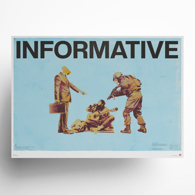 INFORMATIVE limited edition art print featuring three figures in vintage sepia tones against turquoise background, contemporary social commentary wall art exploring surveillance and authority themes, collectible fine art print for modern home decor.