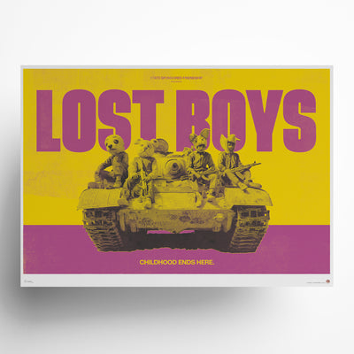 Lost Boys contemporary pop art poster by TIGERFIGHT showcasing provocative military themes with vibrant yellow pink color blocking, purple bold lettering, and vintage war photography elements.