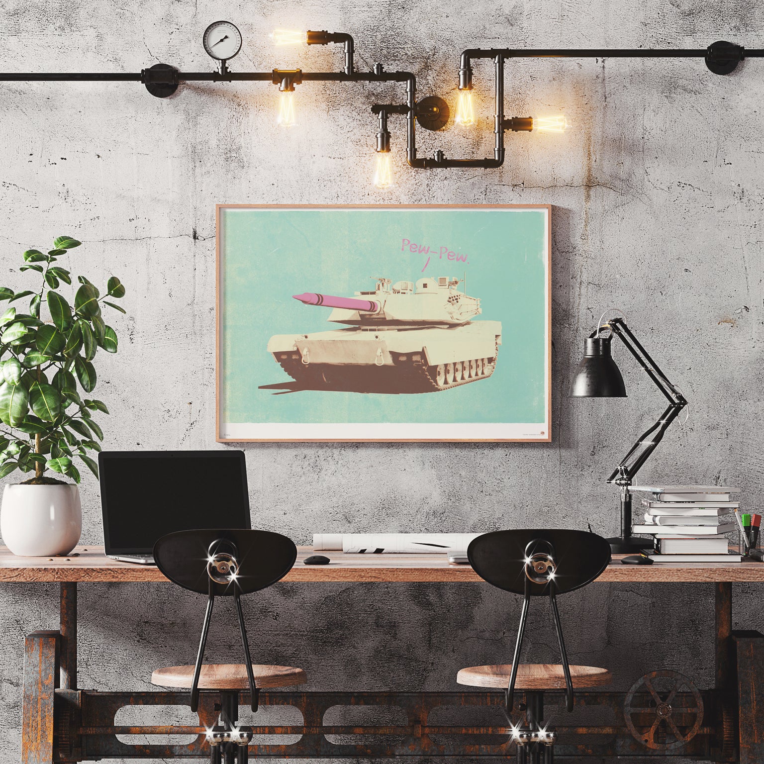 Pew Pew playful military tank art print displayed in industrial home office with concrete walls, vintage pop art wall decor for modern workspace design and creative studio interior styling
