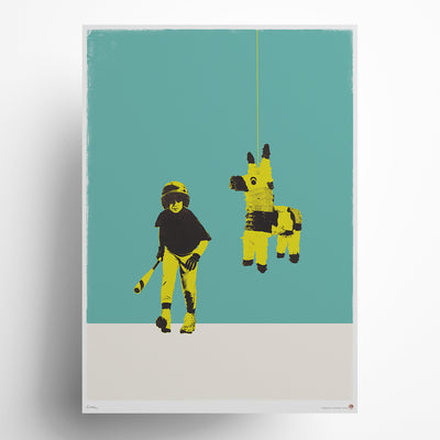 Predator and Prey contemporary art print featuring child with baseball bat and yellow pinata on turquoise background, playful childhood theme limited edition wall art for modern nursery and home decor.