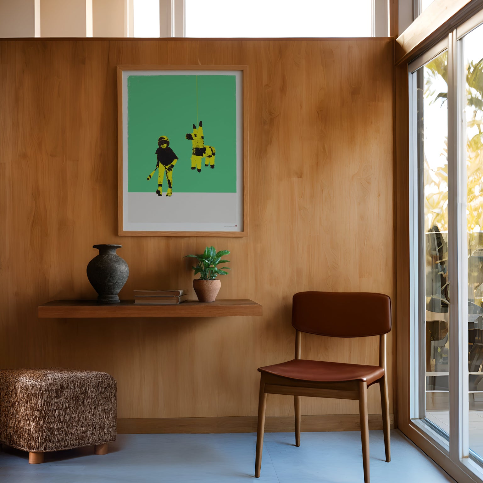 Predator and Prey contemporary childhood art print displayed in warm wood-paneled living space, playful pinata artwork for modern family home decor and mid-century interior design