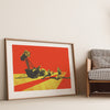 Straight Shooter vintage racing art print displayed in minimalist modern living room with mid-century furniture, retro motorsport wall art for contemporary home decor and Scandinavian interior design styling