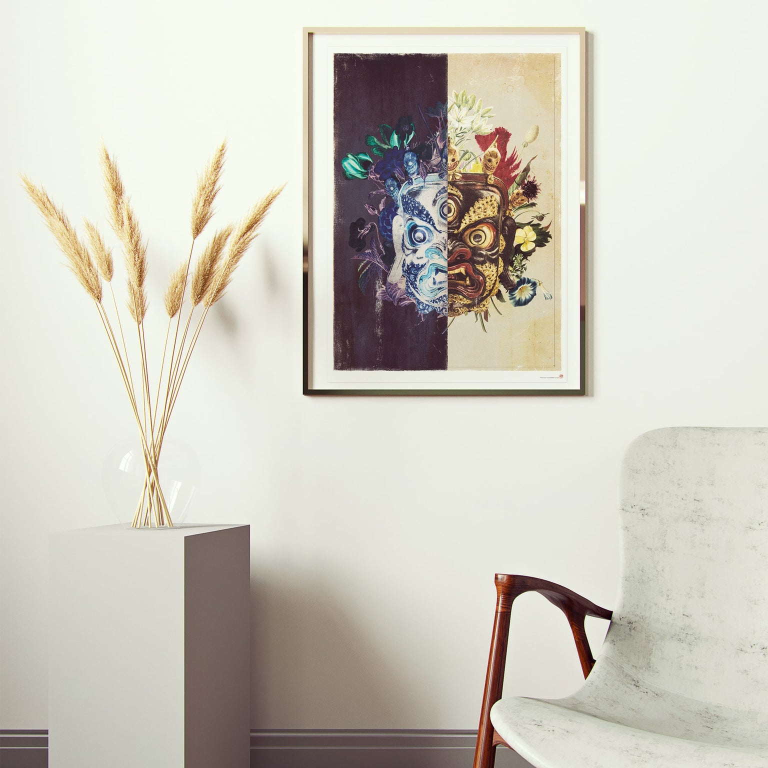 CHAM LAMA cultural ceremonial mask art print displayed in sophisticated modern interior with pampas grass and marble accents, traditional heritage wall art for luxury home decor and contemporary gallery wall styling