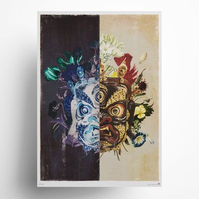"CHAM LAMA cultural ceremonial mask art print with blooming flowers on split dark light background, traditional artisan heritage limited edition wall art celebrating global indigenous cultures and craftsmanship.