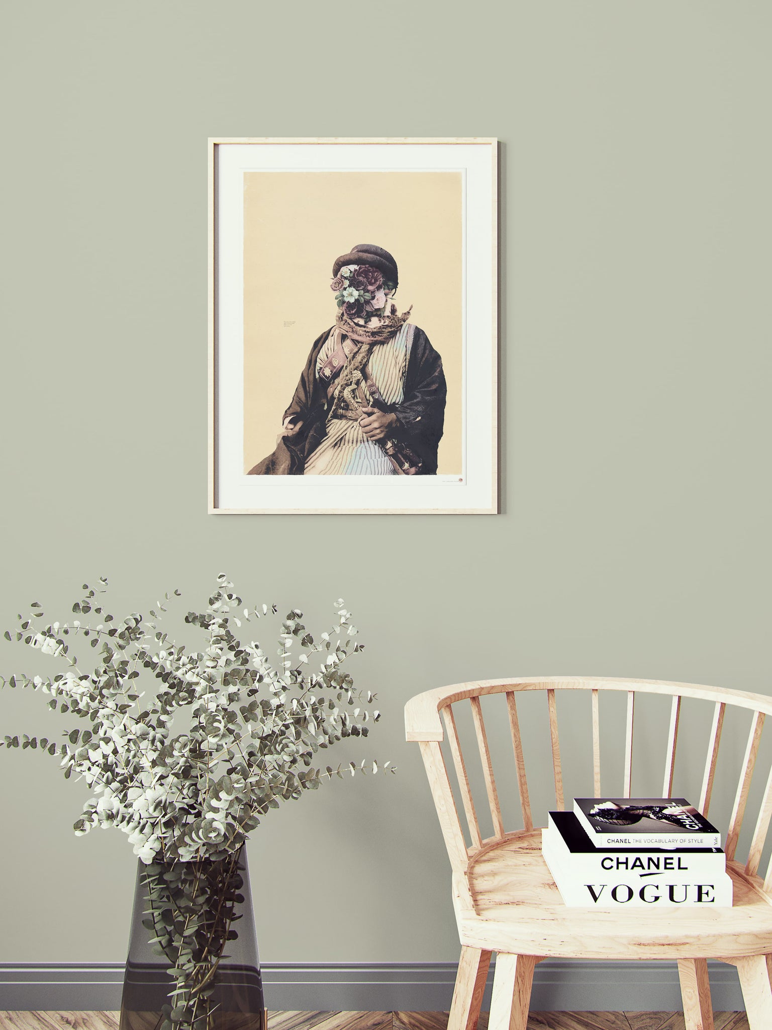 Hulm surreal portrait art print displayed in Scandinavian style reading corner with eucalyptus and Windsor chair, dreamlike contemporary wall art for modern farmhouse decor and minimalist interior design