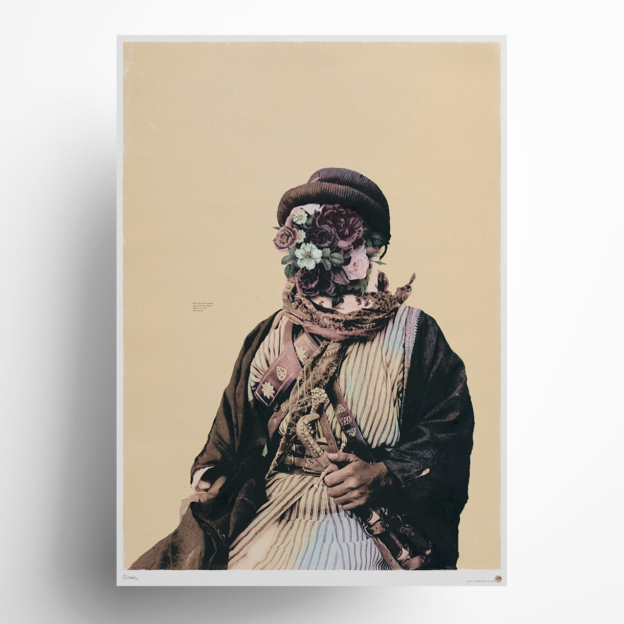 Hulm surreal portrait art print featuring figure with floral face in vintage clothing on cream background, dreamlike contemporary fine art exploring identity and imagination for sophisticated collectors.